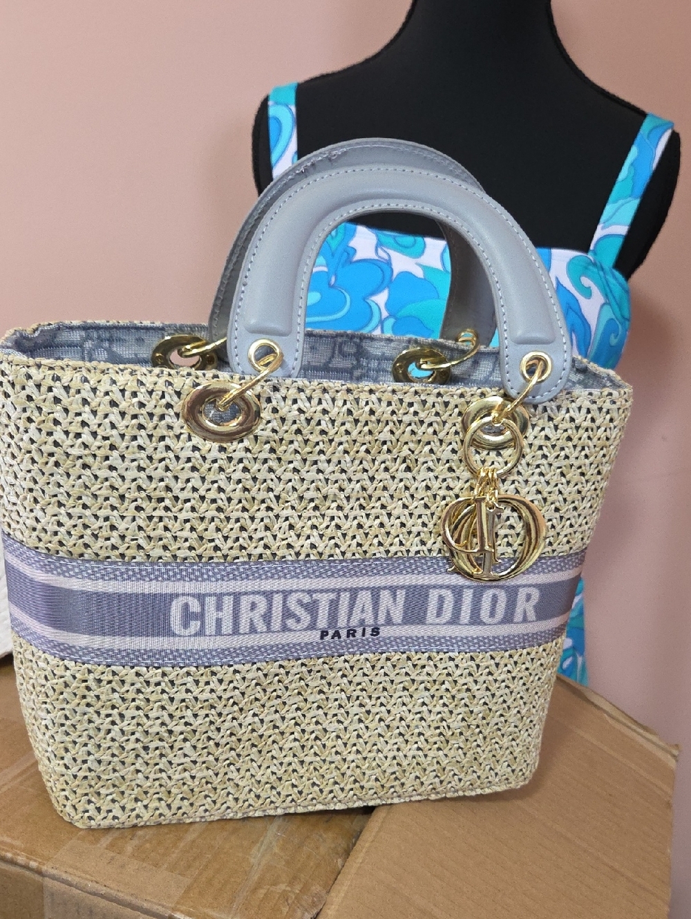 GWP Dior Beige Woven Tote with Gray Trim & Gold Charm - Picture 3 of 4